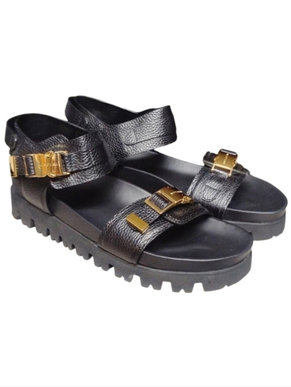 BUSCEMI | Black Leather Lug Sole Sandals Gold Buckle EU 48 US 15